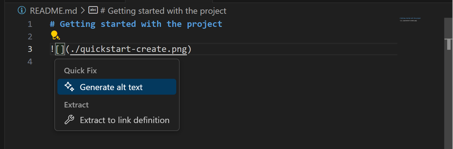 Screenshot that shows a Code Action menu with Generate alt text option for a Markdown image link.