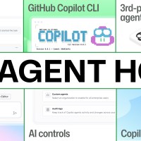 Heading image with the words 'Agent HQ' across the center, surrounded by 'Mission control,' 'GitHub Copilot CLI,' '3rd-party agents,' 'Plan mode,' 'AI controls,' and 'Copilot integrations.'