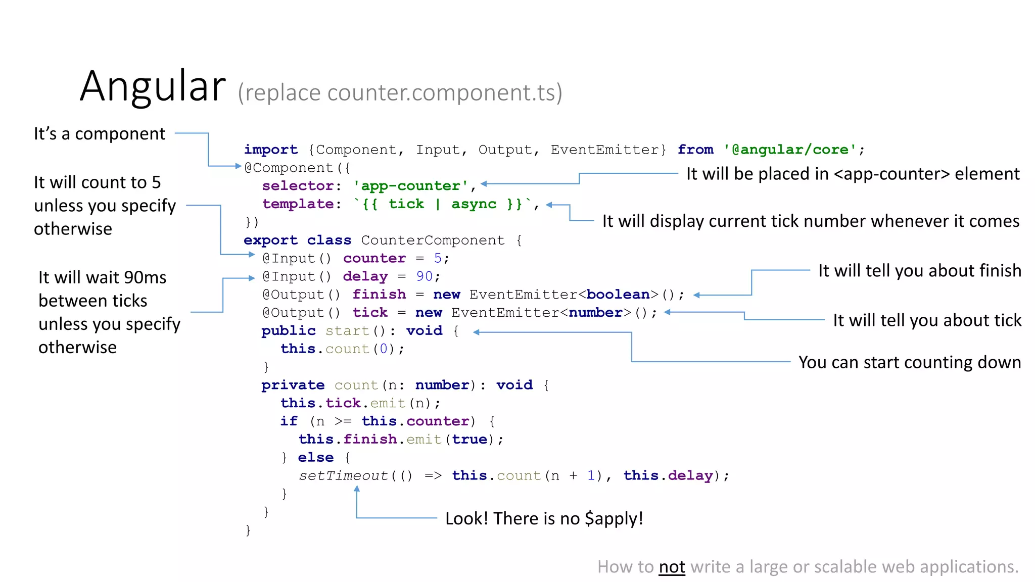 Angular (replace counter.component.ts)
import {Component, Input, Output, EventEmitter} from '@angular/core';
@Component({
selector: 'app-counter',
template: `{{ tick | async }}`,
})
export class CounterComponent {
@Input() counter = 5;
@Input() delay = 90;
@Output() finish = new EventEmitter<boolean>();
@Output() tick = new EventEmitter<number>();
public start(): void {
this.count(0);
}
private count(n: number): void {
this.tick.emit(n);
if (n >= this.counter) {
this.finish.emit(true);
} else {
setTimeout(() => this.count(n + 1), this.delay);
}
}
}
How to not write a large or scalable web applications.
It will count to 5
unless you specify
otherwise
It will be placed in <app-counter> element
It will display current tick number whenever it comes
It’s a component
It will wait 90ms
between ticks
unless you specify
otherwise
It will tell you about finish
It will tell you about tick
You can start counting down
Look! There is no $apply!
 