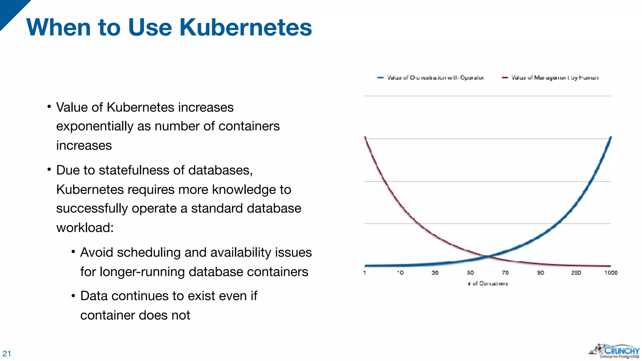 • Value of Kubernetes increases
exponentially as number of containers
increases

• Due to statefulness of databases,
Kubernetes requires more knowledge to
successfully operate a standard database
workload:

• Avoid scheduling and availability issues
for longer-running database containers

• Data continues to exist even if
container does not
When to Use Kubernetes
21
 