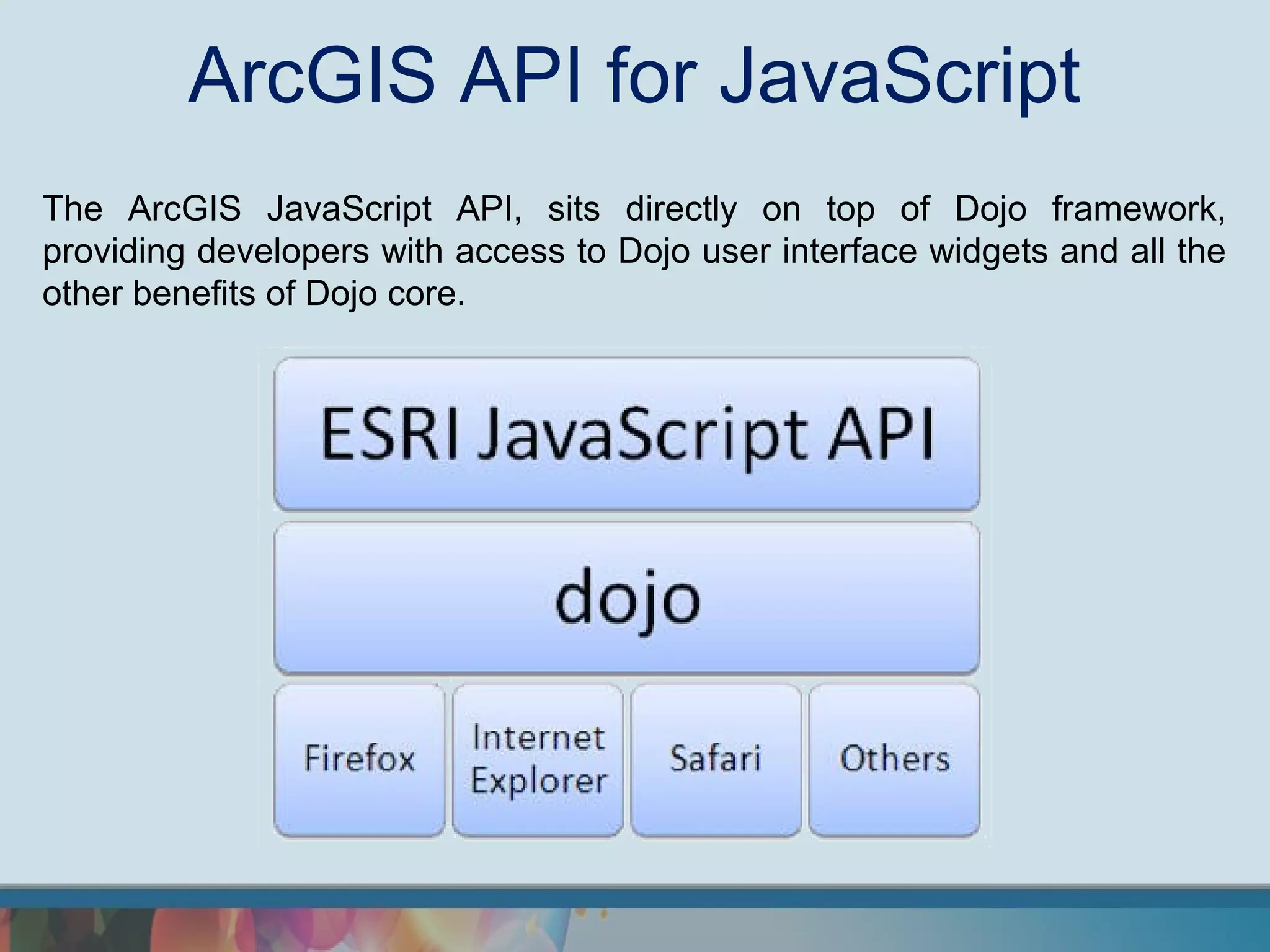 ArcGIS API for JavaScript
The ArcGIS JavaScript API, sits directly on top of Dojo framework,
providing developers with access to Dojo user interface widgets and all the
other benefits of Dojo core.
 