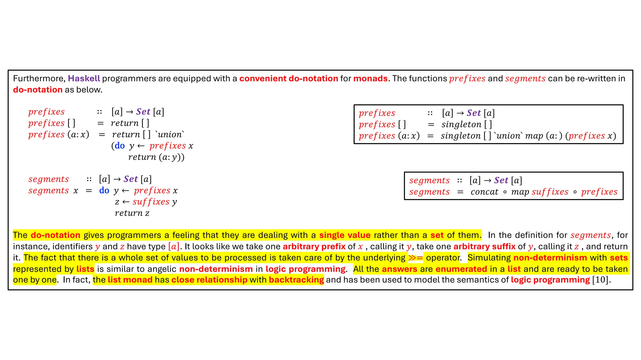 Furthermore, Haskell programmers are equipped with a convenient do-notation for monads. The functions 𝑝𝑟𝑒𝑓𝑖𝑥𝑒𝑠 and 𝑠𝑒𝑔𝑚𝑒𝑛𝑡𝑠 can be re-written in
do-notation as below.
𝑝𝑟𝑒𝑓𝑖𝑥𝑒𝑠 ∷ 𝑎 → 𝑺𝒆𝒕 [𝑎]
𝑝𝑟𝑒𝑓𝑖𝑥𝑒𝑠 = 𝑟𝑒𝑡𝑢𝑟𝑛
𝑝𝑟𝑒𝑓𝑖𝑥𝑒𝑠 𝑎: 𝑥 = 𝑟𝑒𝑡𝑢𝑟𝑛 `𝑢𝑛𝑖𝑜𝑛`
(do 𝑦 ← 𝑝𝑟𝑒𝑓𝑖𝑥𝑒𝑠 𝑥
𝑟𝑒𝑡𝑢𝑟𝑛 (𝑎: 𝑦))
𝑠𝑒𝑔𝑚𝑒𝑛𝑡𝑠 ∷ 𝑎 → 𝑺𝒆𝒕 [𝑎]
𝑠𝑒𝑔𝑚𝑒𝑛𝑡𝑠 𝑥 = do 𝑦 ← 𝑝𝑟𝑒𝑓𝑖𝑥𝑒𝑠 𝑥
𝑧 ← 𝑠𝑢𝑓𝑓𝑖𝑥𝑒𝑠 𝑦
𝑟𝑒𝑡𝑢𝑟𝑛 𝑧
The do-notation gives programmers a feeling that they are dealing with a single value rather than a set of them. In the definition for 𝑠𝑒𝑔𝑚𝑒𝑛𝑡𝑠, for
instance, identifiers 𝑦 and 𝑧 have type 𝑎 . It looks like we take one arbitrary prefix of 𝑥 , calling it 𝑦, take one arbitrary suffix of 𝑦, calling it 𝑧 , and return
it. The fact that there is a whole set of values to be processed is taken care of by the underlying ≫= operator. Simulating non-determinism with sets
represented by lists is similar to angelic non-determinism in logic programming. All the answers are enumerated in a list and are ready to be taken
one by one. In fact, the list monad has close relationship with backtracking and has been used to model the semantics of logic programming [10].
𝑝𝑟𝑒𝑓𝑖𝑥𝑒𝑠 ∷ 𝑎 → 𝑺𝒆𝒕 [𝑎]
𝑝𝑟𝑒𝑓𝑖𝑥𝑒𝑠 = 𝑠𝑖𝑛𝑔𝑙𝑒𝑡𝑜𝑛
𝑝𝑟𝑒𝑓𝑖𝑥𝑒𝑠 𝑎: 𝑥 = 𝑠𝑖𝑛𝑔𝑙𝑒𝑡𝑜𝑛 `𝑢𝑛𝑖𝑜𝑛` 𝑚𝑎𝑝 𝑎: (𝑝𝑟𝑒𝑓𝑖𝑥𝑒𝑠 𝑥)
𝑠𝑒𝑔𝑚𝑒𝑛𝑡𝑠 ∷ 𝑎 → 𝑺𝒆𝒕 [𝑎]
𝑠𝑒𝑔𝑚𝑒𝑛𝑡𝑠 = 𝑐𝑜𝑛𝑐𝑎𝑡 ∘ 𝑚𝑎𝑝 𝑠𝑢𝑓𝑓𝑖𝑥𝑒𝑠 ∘ 𝑝𝑟𝑒𝑓𝑖𝑥𝑒𝑠
 