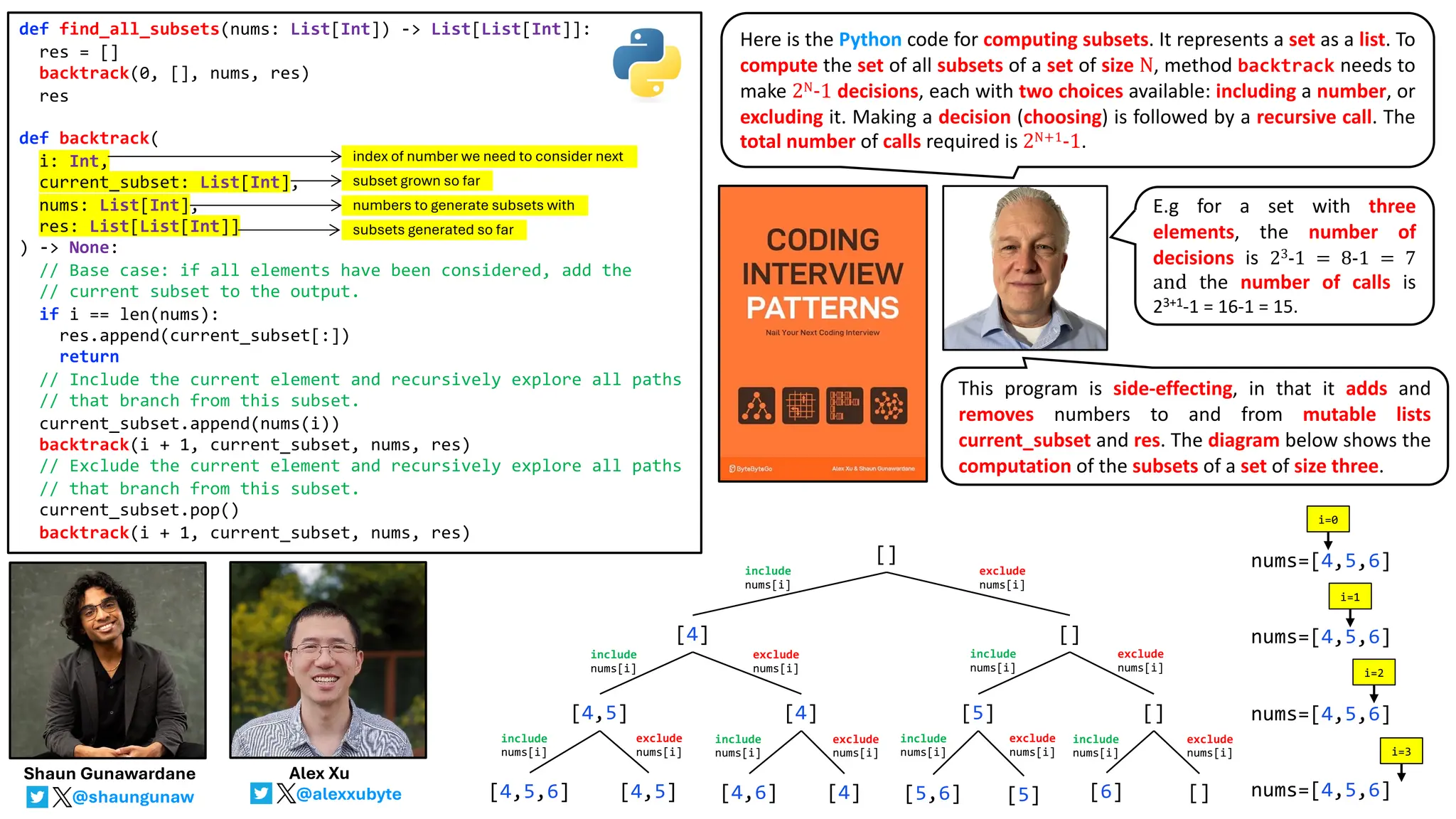 def find_all_subsets(nums: List[Int]) -> List[List[Int]]:
res = []
backtrack(0, [], nums, res)
res
def backtrack(
i: Int,
current_subset: List[Int],
nums: List[Int],
res: List[List[Int]]
) -> None:
// Base case: if all elements have been considered, add the
// current subset to the output.
if i == len(nums):
res.append(current_subset[:])
return
// Include the current element and recursively explore all paths
// that branch from this subset.
current_subset.append(nums(i))
backtrack(i + 1, current_subset, nums, res)
// Exclude the current element and recursively explore all paths
// that branch from this subset.
current_subset.pop()
backtrack(i + 1, current_subset, nums, res)
[]
[4] []
[4,5] [4] [5] []
[4,5,6] [4,5] [4,6] [4] [5,6] [5] [6] []
include
nums[i]
exclude
nums[i]
include
nums[i]
exclude
nums[i]
include
nums[i]
exclude
nums[i]
include
nums[i]
exclude
nums[i]
include
nums[i]
exclude
nums[i]
include
nums[i]
exclude
nums[i]
include
nums[i]
exclude
nums[i]
nums=[4,5,6]
nums=[4,5,6]
nums=[4,5,6]
nums=[4,5,6]
i=0
i=1
i=2
i=3
Here is the Python code for computing subsets. It represents a set as a list. To
compute the set of all subsets of a set of size N, method backtrack needs to
make 2N-1 decisions, each with two choices available: including a number, or
excluding it. Making a decision (choosing) is followed by a recursive call. The
total number of calls required is 2N+1-1.
@alexxubyte
Alex Xu
@shaungunaw
Shaun Gunawardane
This program is side-effecting, in that it adds and
removes numbers to and from mutable lists
current_subset and res. The diagram below shows the
computation of the subsets of a set of size three.
E.g for a set with three
elements, the number of
decisions is 23-1 = 8-1 = 7
and the number of calls is
23+1-1 = 16-1 = 15.
index of number we need to consider next
subset grown so far
numbers to generate subsets with
subsets generated so far
 
