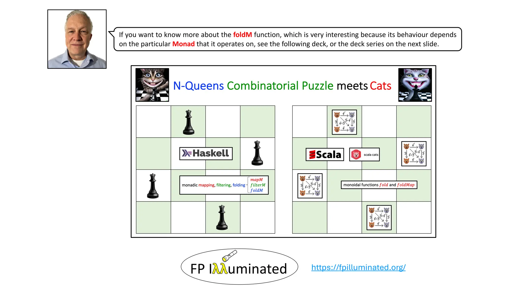 If you want to know more about the foldM function, which is very interesting because its behaviour depends
on the particular Monad that it operates on, see the following deck, or the deck series on the next slide.
https://fpilluminated.org/
 