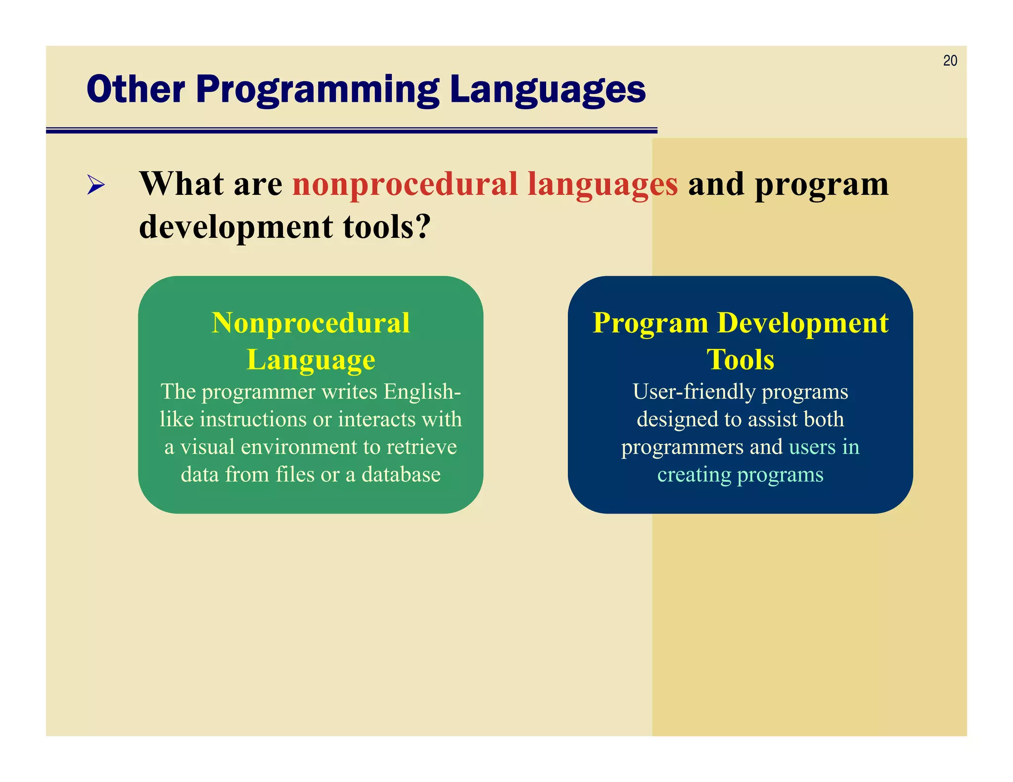20
Other Programming LanguagesOther Programming LanguagesOther Programming LanguagesOther Programming Languages
What are nonprocedural languages and program
development tools?
Nonprocedural
Language
The programmer writes English-
Nonprocedural
Language
The programmer writes English-
Program Development
Tools
User-friendly programs
Program Development
Tools
User-friendly programsThe programmer writes English-
like instructions or interacts with
a visual environment to retrieve
data from files or a database
The programmer writes English-
like instructions or interacts with
a visual environment to retrieve
data from files or a database
User-friendly programs
designed to assist both
programmers and users in
creating programs
User-friendly programs
designed to assist both
programmers and users in
creating programs
 