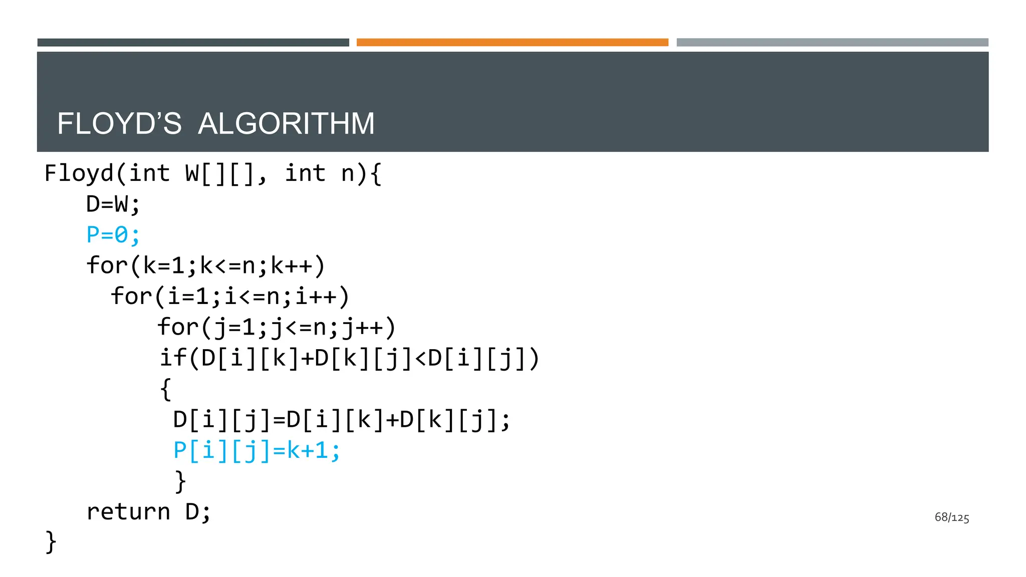 FLOYD’S ALGORITHM
Floyd(int W[][], int n){
D=W;
P=0;
for(k=1;k<=n;k++)
for(i=1;i<=n;i++)
for(j=1;j<=n;j++)
if(D[i][k]+D[k][j]<D[i][j])
{
D[i][j]=D[i][k]+D[k][j];
P[i][j]=k+1;
}
return D;
}
68/125
 
