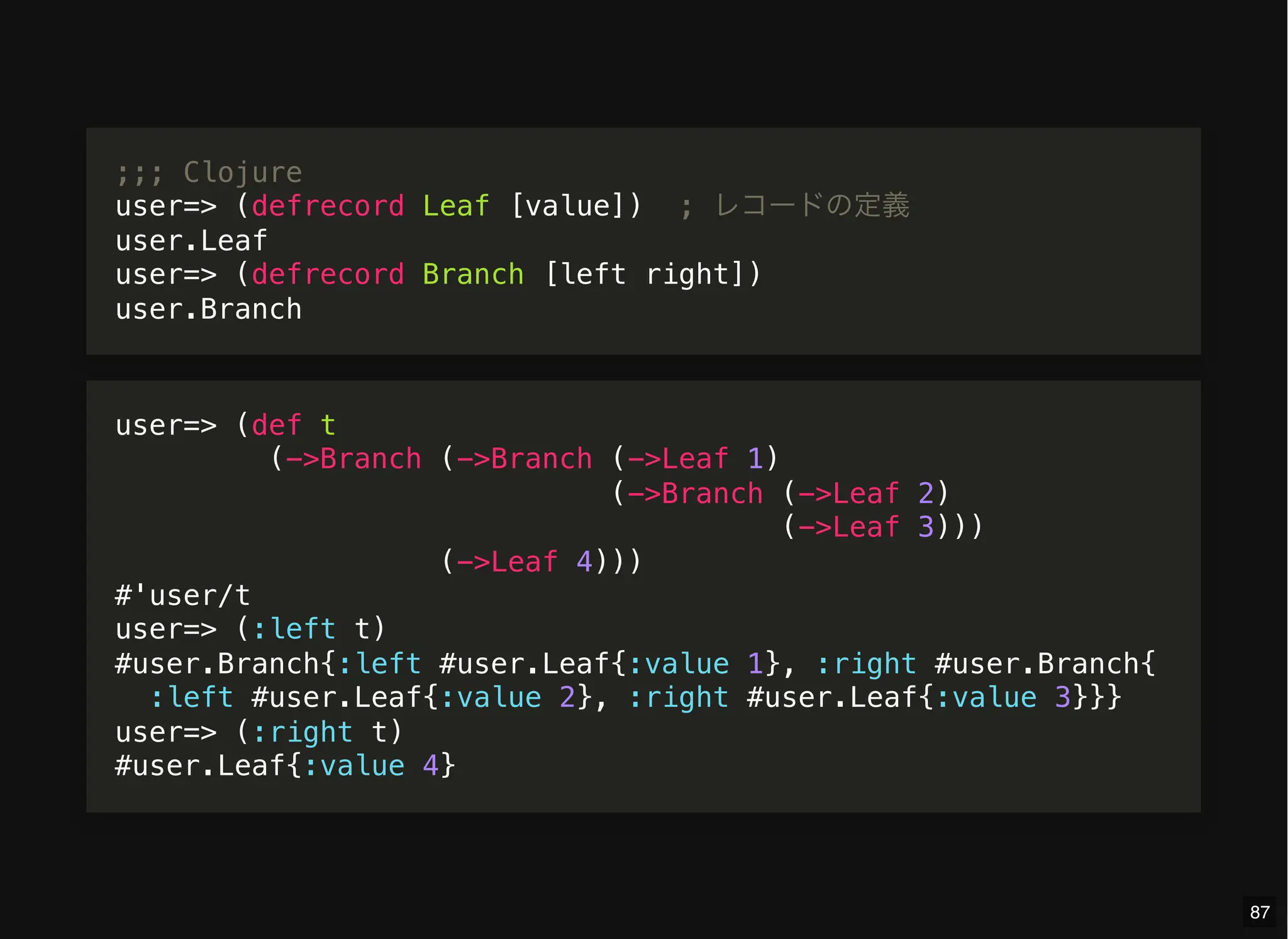 ;;; Clojure
user=> (defrecord Leaf [value]) ; レコードの定義
user.Leaf
user=> (defrecord Branch [left right])
user.Branch
user=> (def t
(->Branch (->Branch (->Leaf 1)
(->Branch (->Leaf 2)
(->Leaf 3)))
(->Leaf 4)))
#'user/t
user=> (:left t)
#user.Branch{:left #user.Leaf{:value 1}, :right #user.Branch{
:left #user.Leaf{:value 2}, :right #user.Leaf{:value 3}}}
user=> (:right t)
#user.Leaf{:value 4}
87
 