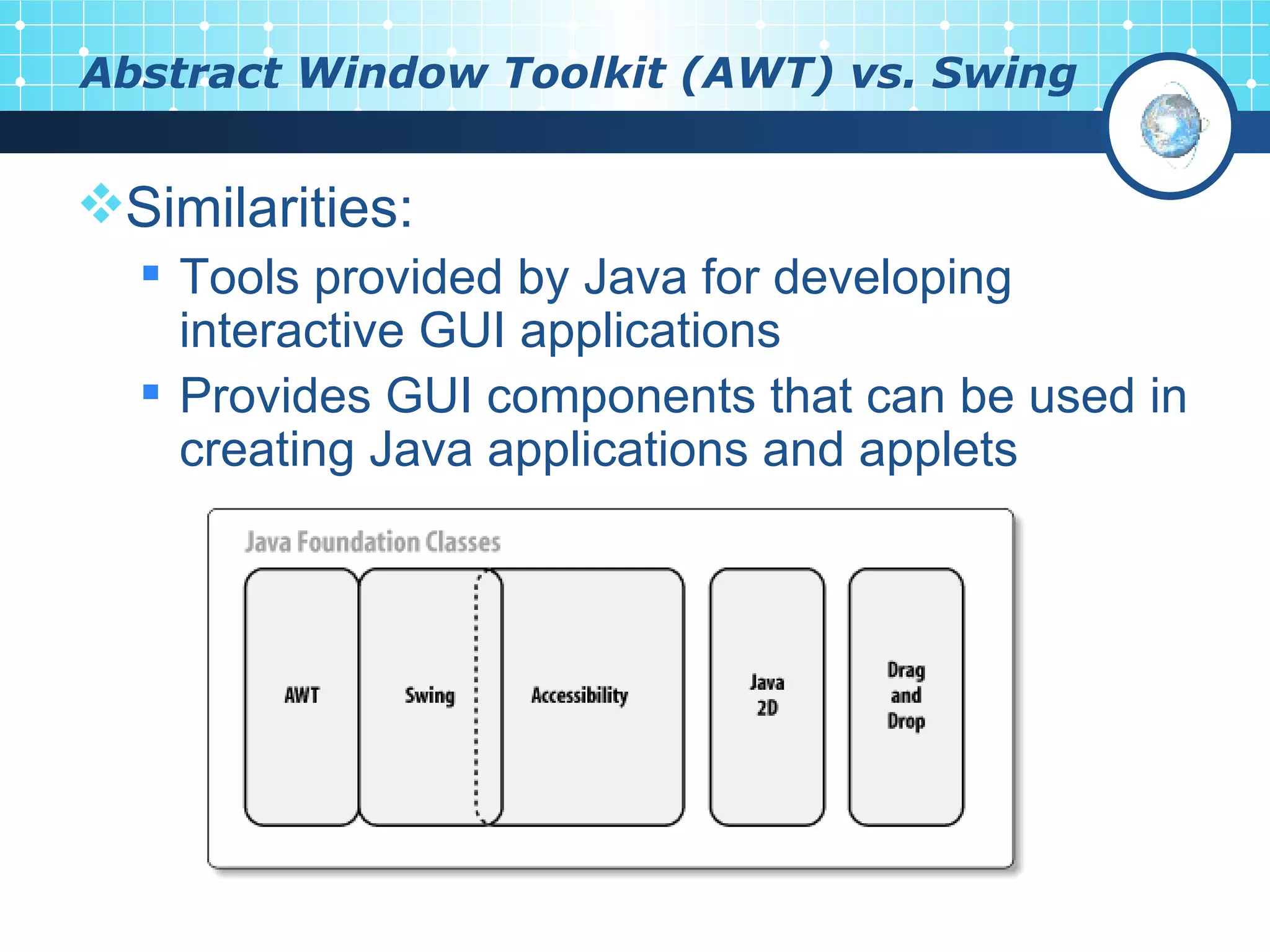 Abstract Window Toolkit (AWT) vs. Swing Similarities: Tools provided by Java for developing interactive GUI applications Provides GUI components that can be used in creating Java applications and applets 