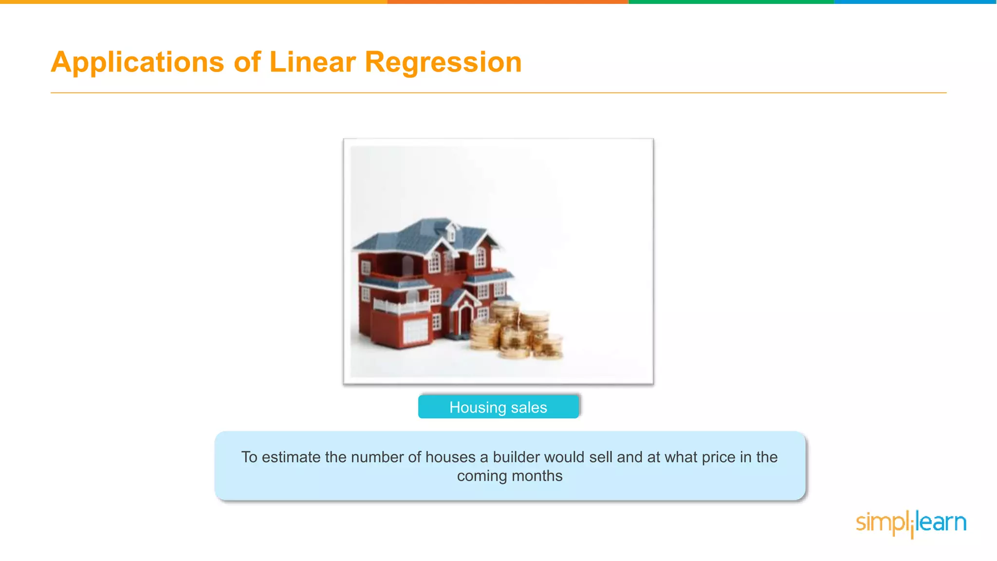 Applications of Linear Regression
Housing sales
To estimate the number of houses a builder would sell and at what price in the
coming months
 