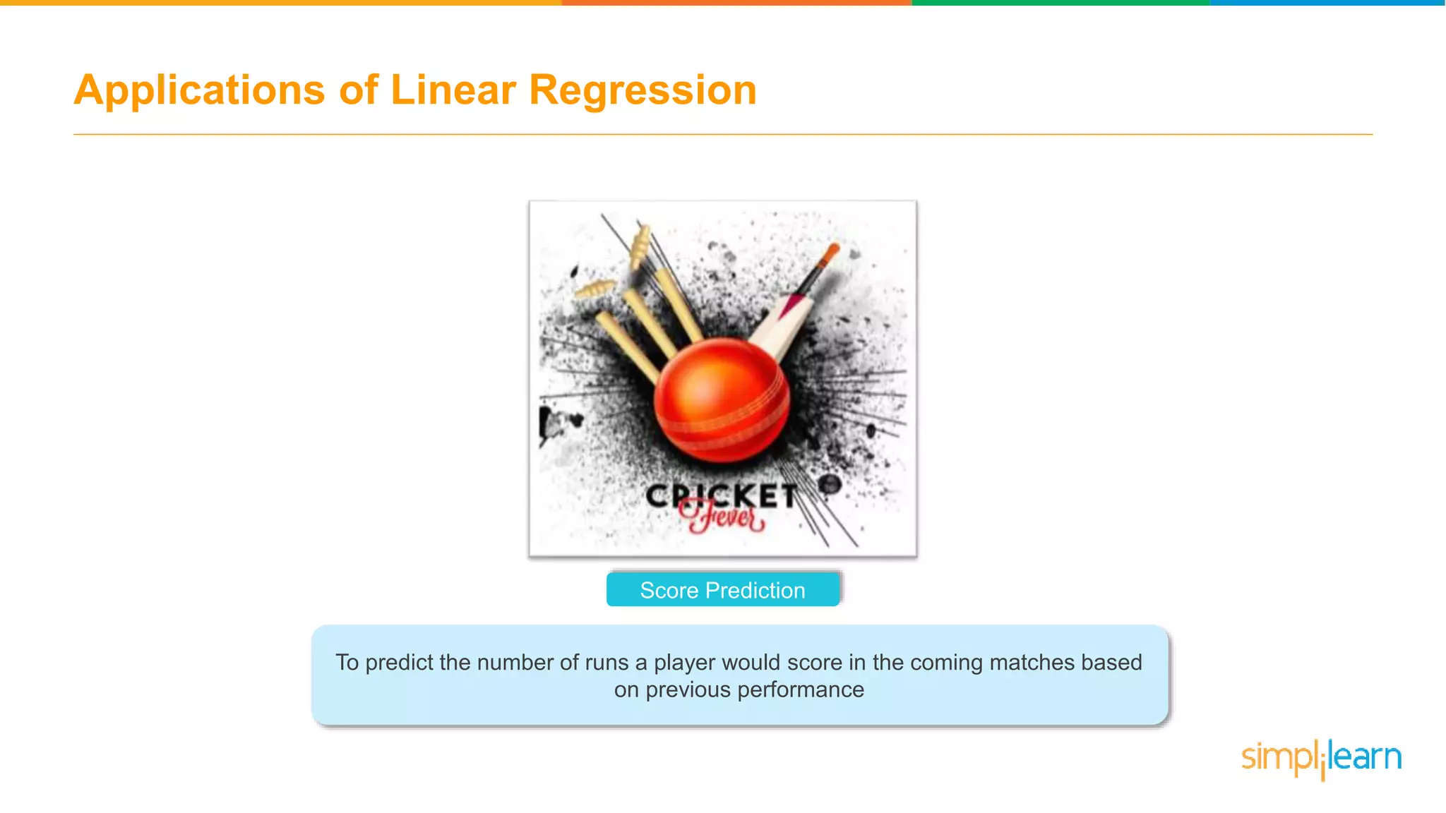 Applications of Linear Regression
Score Prediction
To predict the number of runs a player would score in the coming matches based
on previous performance
 