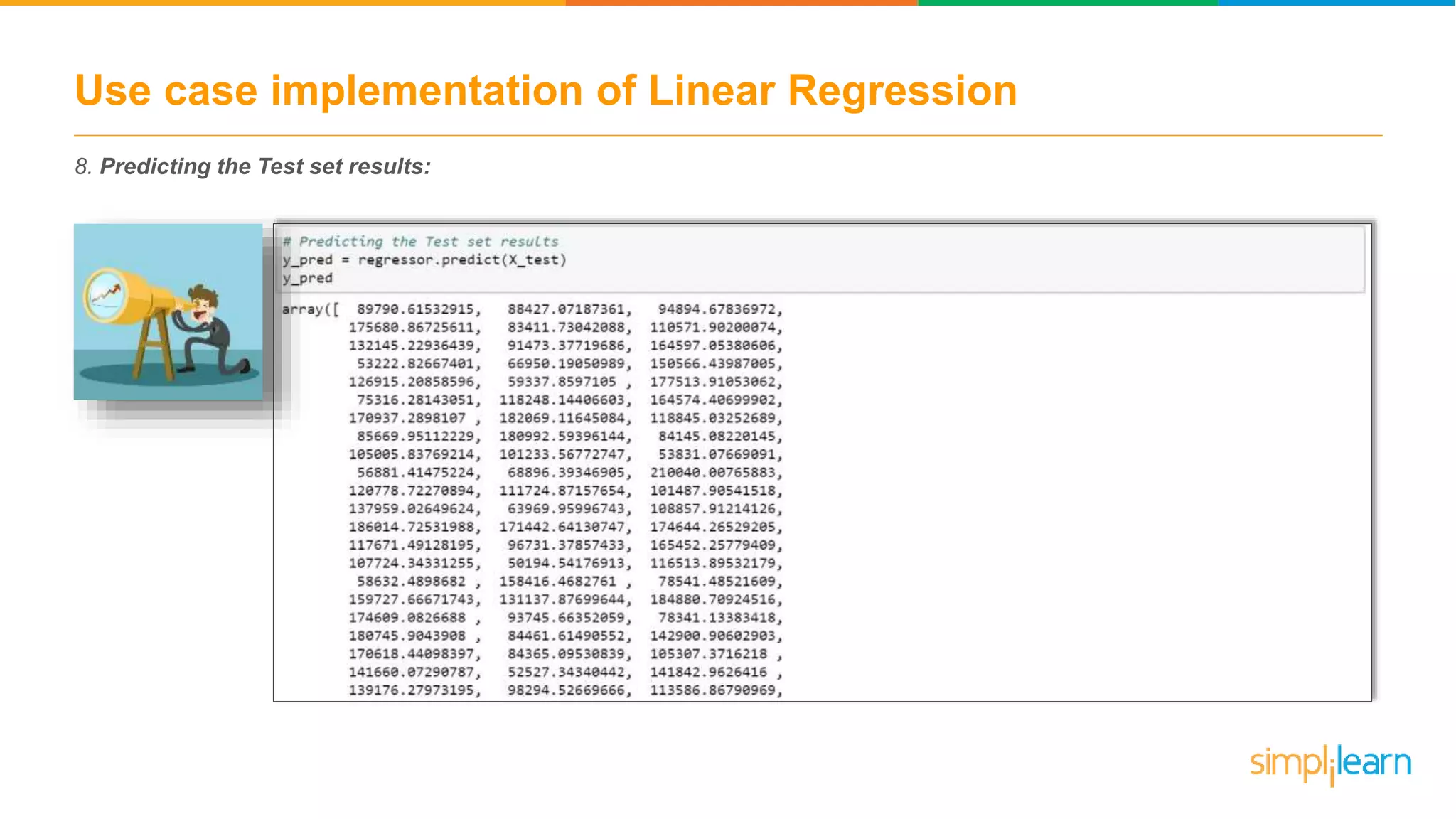 Use case implementation of Linear Regression
8. Predicting the Test set results:
 