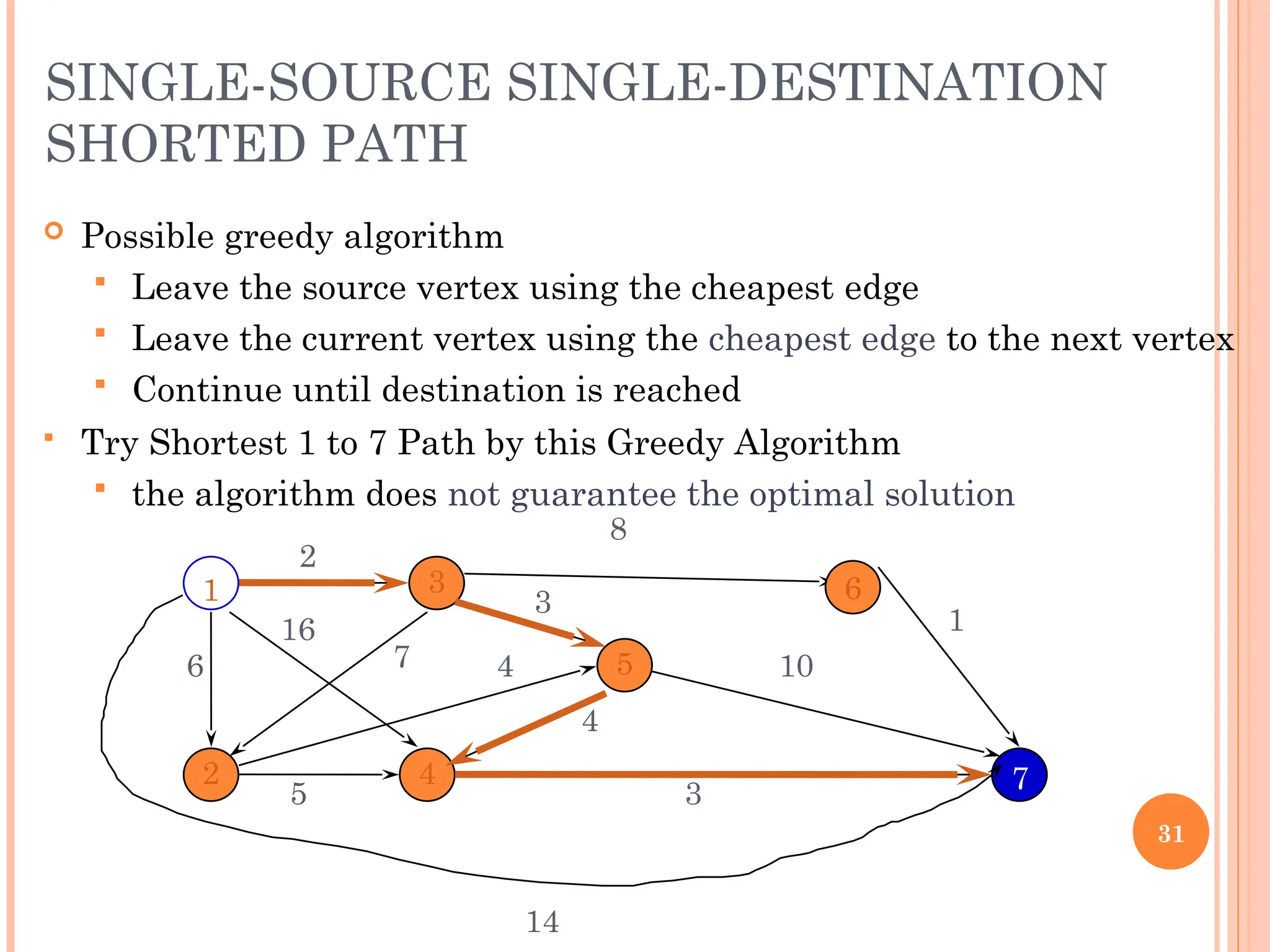 SINGLE-SOURCE SINGLE-DESTINATION
SHORTED PATH
 Possible greedy algorithm
 Leave the source vertex using the cheapest edge
 Leave the current vertex using the cheapest edge to the next vertex
 Continue until destination is reached
 Try Shortest 1 to 7 Path by this Greedy Algorithm
 the algorithm does not guarantee the optimal solution
31
1
2
3
4
5
6
7
2
6
16
7
8
10
3
14
4
4
5 3
1
 