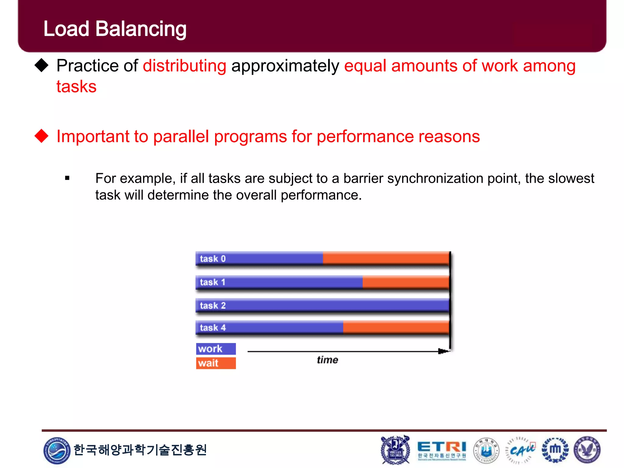 한국해양과학기술진흥원
 Practice of distributing approximately equal amounts of work among
tasks
 Important to parallel programs for performance reasons
 For example, if all tasks are subject to a barrier synchronization point, the slowest
task will determine the overall performance.
Load Balancing
 