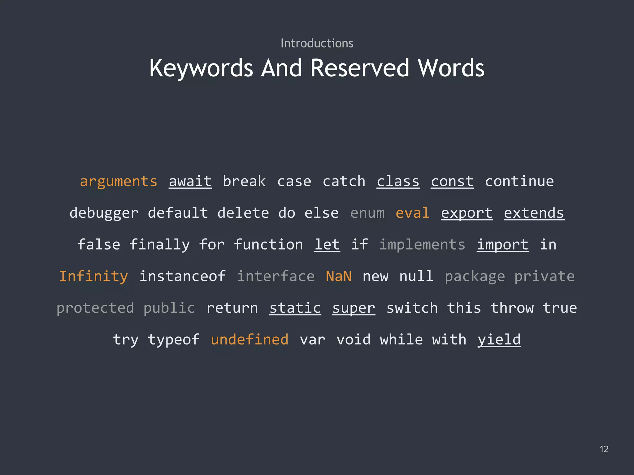 Keywords And Reserved Words
Introductions
arguments await break case catch class const continue
debugger default delete do else enum eval export extends
false finally for function let if implements import in
Infinity instanceof interface NaN new null package private
protected public return static super switch this throw true
try typeof undefined var void while with yield
12
 