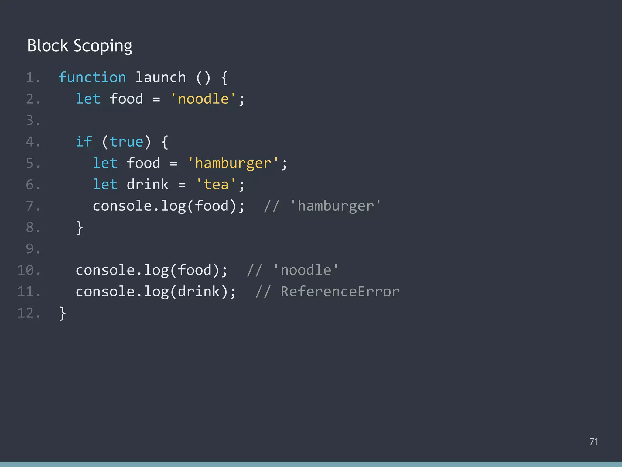 Block Scoping
71
1. function launch () {
2. let food = 'noodle';
3.
4. if (true) {
5. let food = 'hamburger';
6. let drink = 'tea';
7. console.log(food); // 'hamburger'
8. }
9.
10. console.log(food); // 'noodle'
11. console.log(drink); // ?
12. }
1. function launch () {
2. let food = 'noodle';
3.
4. if (true) {
5. let food = 'hamburger';
6. let drink = 'tea';
7. console.log(food); // 'hamburger'
8. }
9.
10. console.log(food); // 'noodle'
11. console.log(drink); // ReferenceError
12. }
 