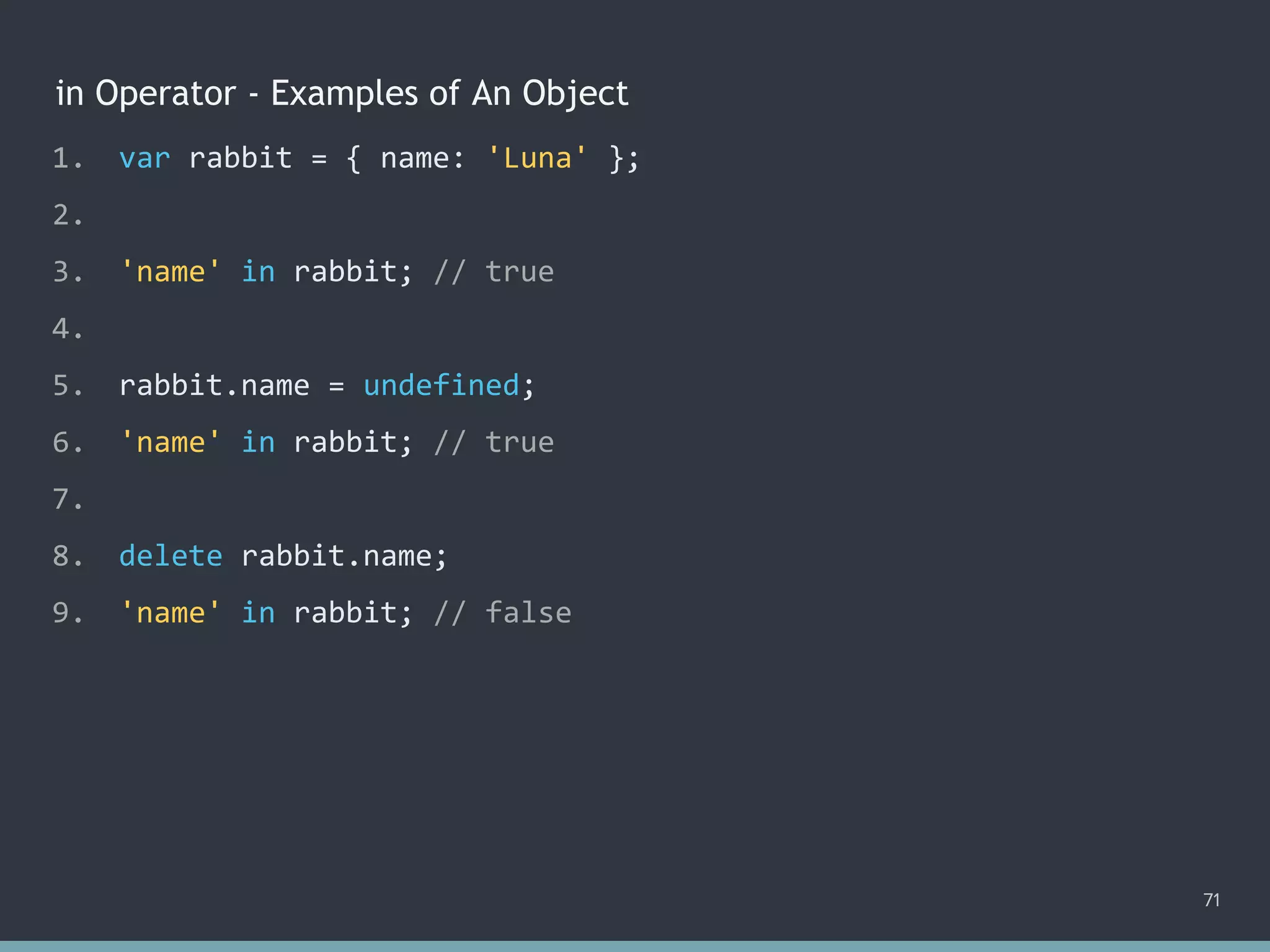 in Operator - Examples of An Object
71
1. var rabbit = { name: 'Luna' };
2.
3. 'name' in rabbit; // true
4.
5. rabbit.name = undefined;
6. 'name' in rabbit; // true
7.
8. delete rabbit.name;
9. 'name' in rabbit; // false
 
