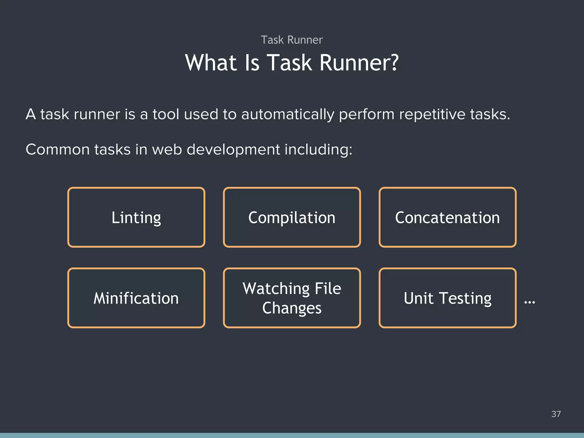 What Is Task Runner?
37
Task Runner
A task runner is a tool used to automatically perform repetitive tasks.
Common tasks in web development including:
Linting ConcatenationCompilation
Minification
Watching File
Changes
Unit Testing …
 