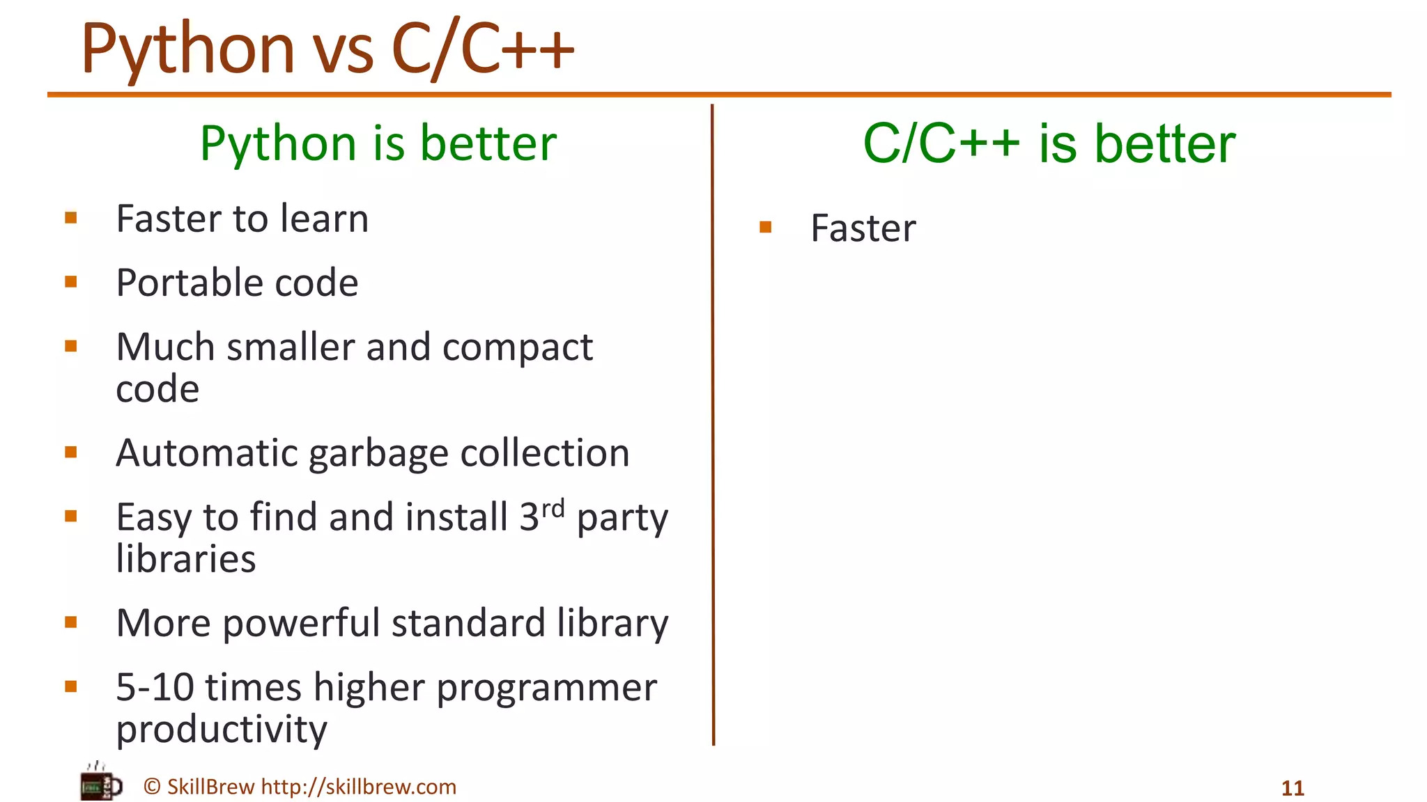 © SkillBrew http://skillbrew.com
Python is better
 Faster to learn
 Portable code
 Much smaller and compact
code
 Automatic garbage collection
 Easy to find and install 3rd party
libraries
 More powerful standard library
 5-10 times higher programmer
productivity
C/C++ is better
 Faster
11
Python vs C/C++
 