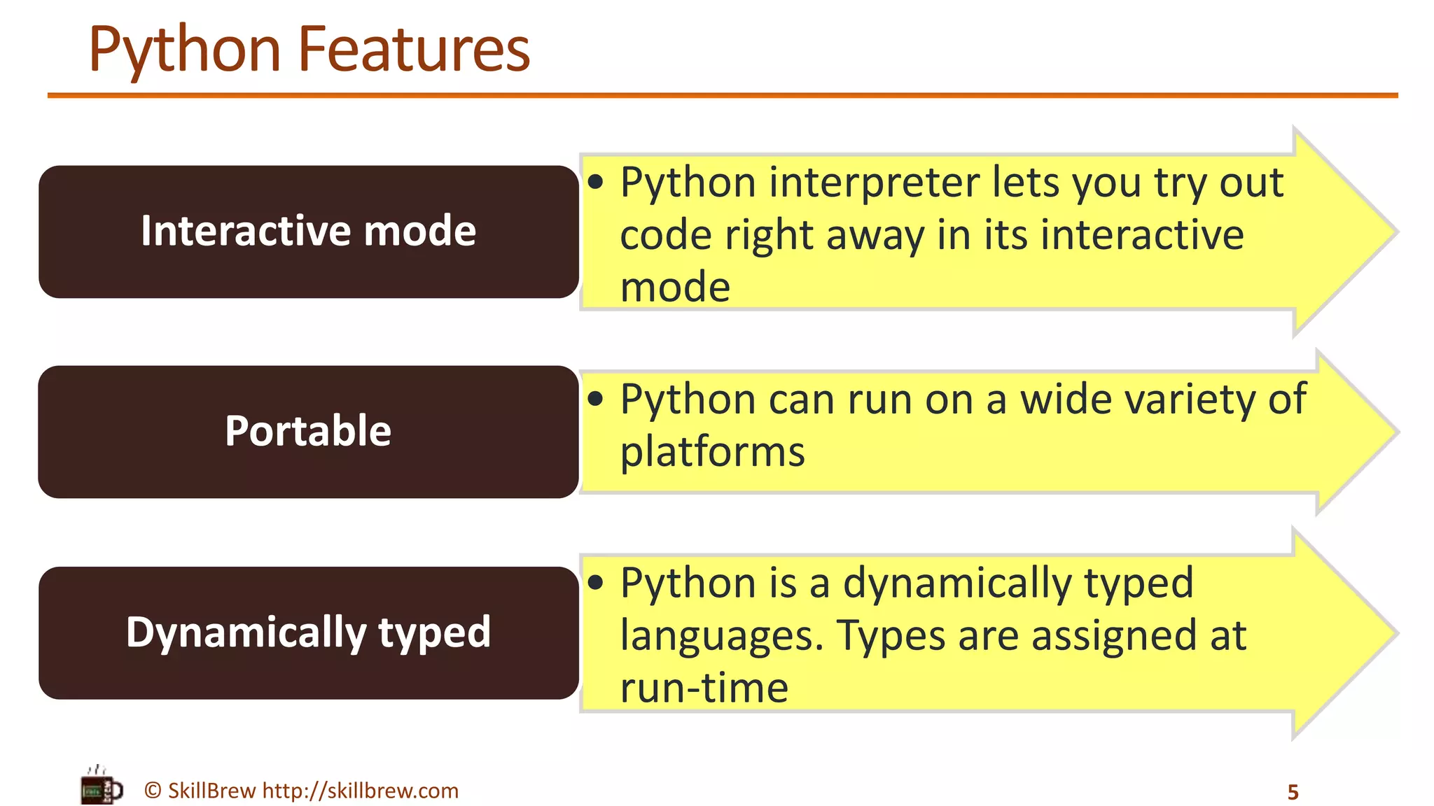 © SkillBrew http://skillbrew.com
Python Features
5
• Python interpreter lets you try out
code right away in its interactive
mode
Interactive mode
• Python can run on a wide variety of
platformsPortable
• Python is a dynamically typed
languages. Types are assigned at
run-time
Dynamically typed
 