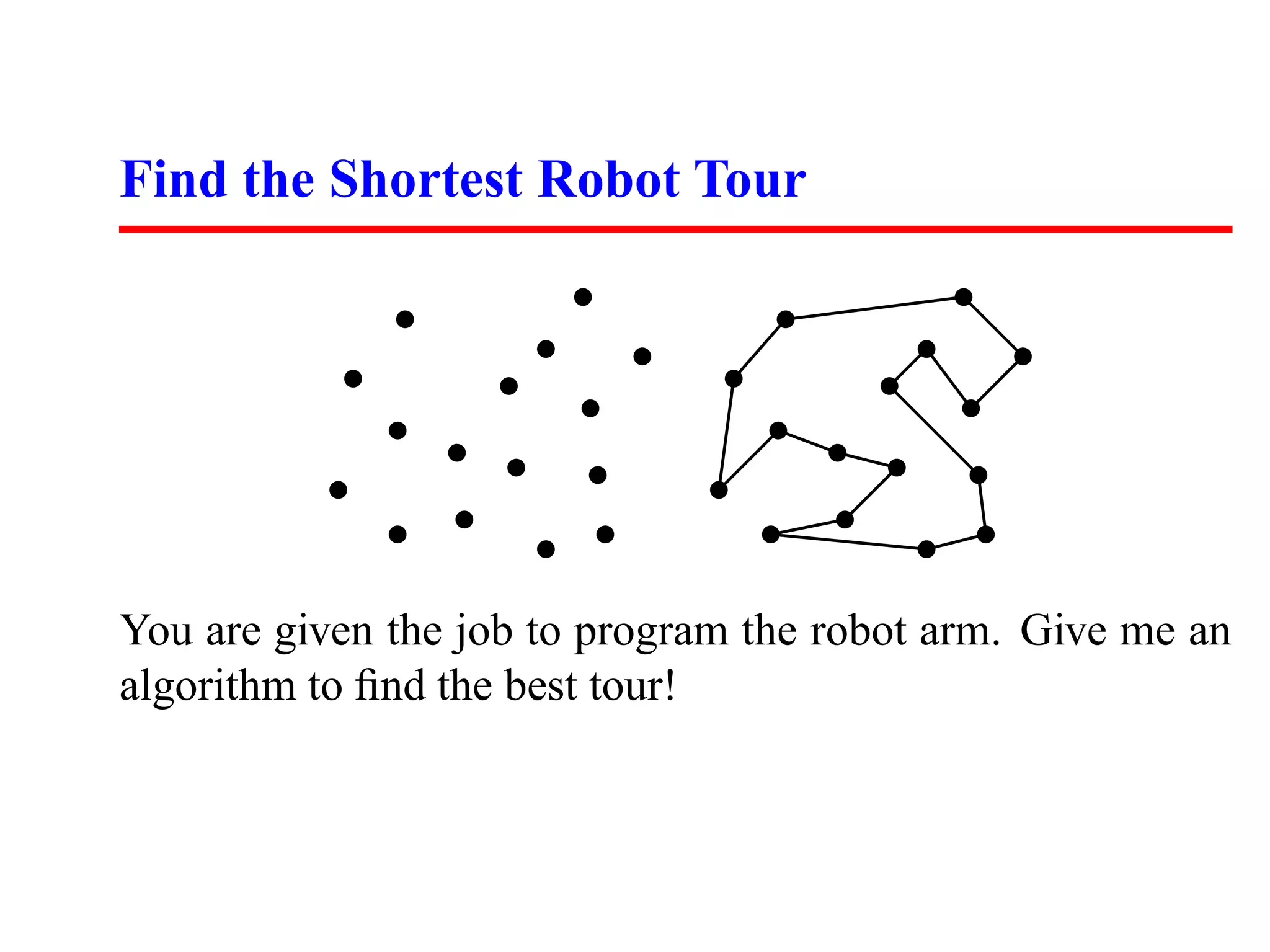 Find the Shortest Robot Tour




You are given the job to program the robot arm. Give me an
algorithm to ﬁnd the best tour!
 