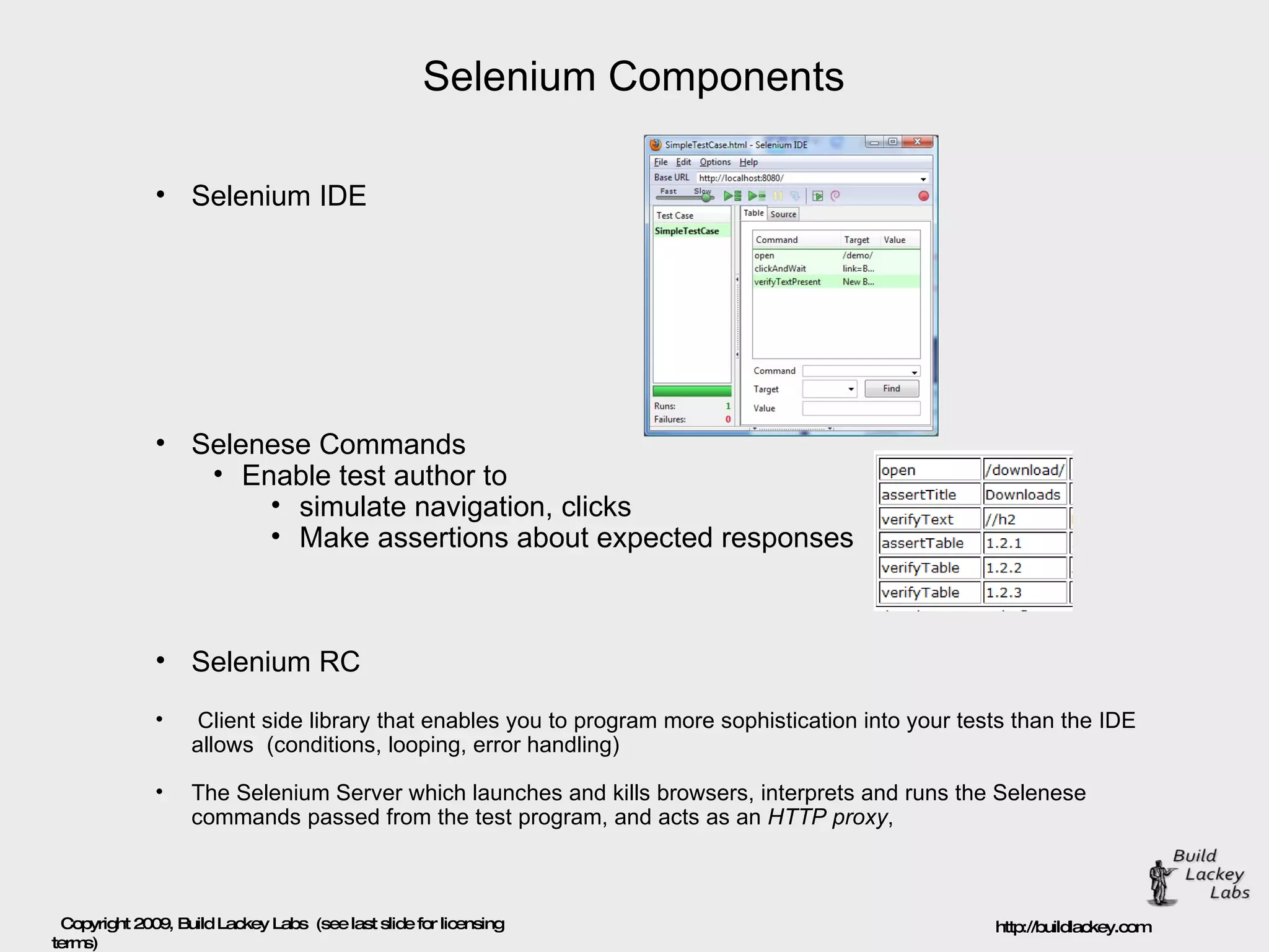 Selenium Components Selenium IDE Selenese Commands Enable test author to  simulate navigation, clicks Make assertions about expected responses Selenium RC Client side library that enables you to program more sophistication into your tests than the IDE allows  (conditions, looping, error handling) The Selenium Server which launches and kills browsers, interprets and runs the Selenese commands passed from the test program, and acts as an  HTTP proxy ,  