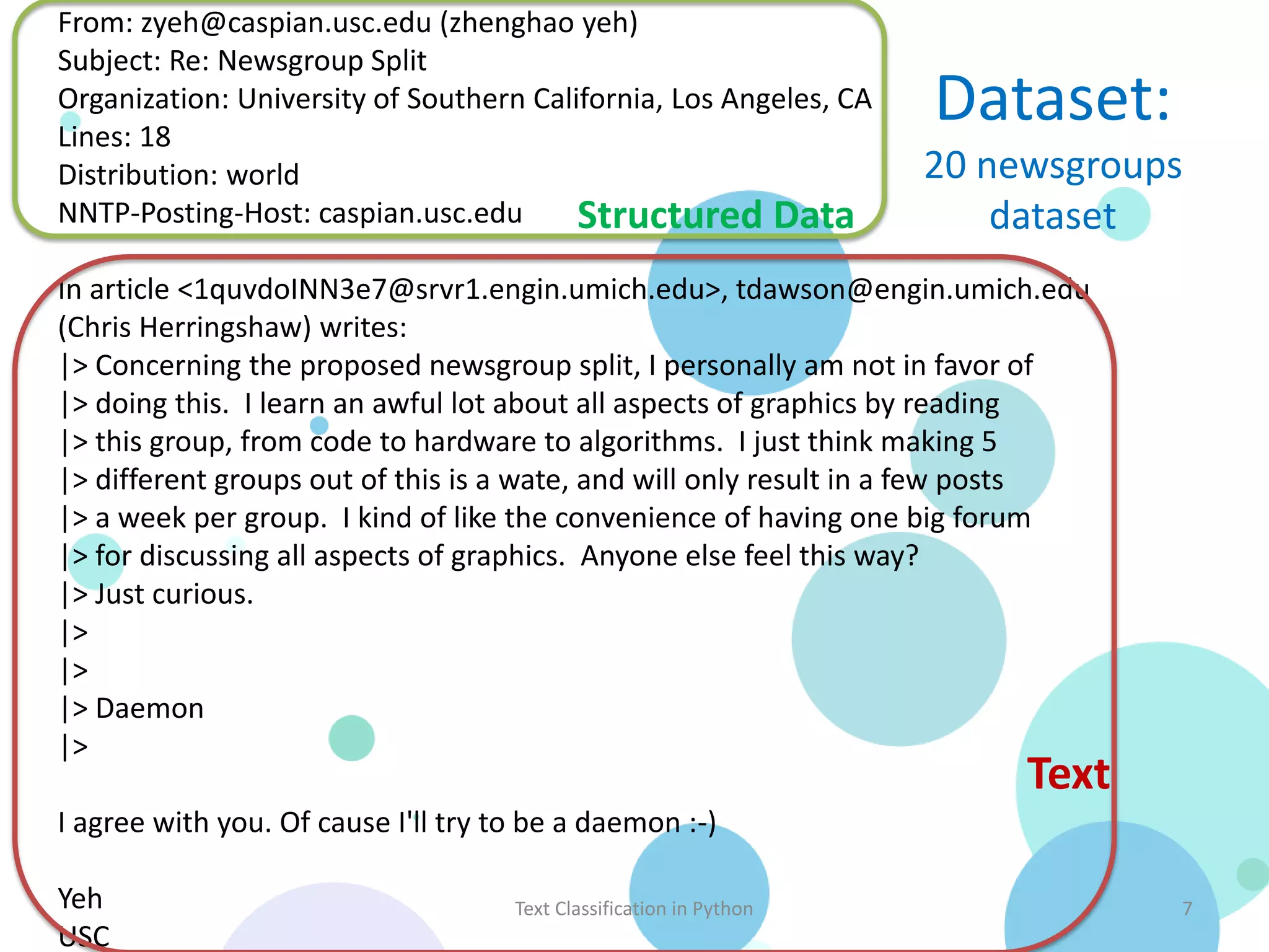 From: zyeh@caspian.usc.edu (zhenghao yeh)
Subject: Re: Newsgroup Split
Organization: University of Southern California, Los Angeles, CA
Lines: 18
                                                                     Dataset:
Distribution: world                                                  20 newsgroups
NNTP-Posting-Host: caspian.usc.edu       Structured Data                 dataset
In article <1quvdoINN3e7@srvr1.engin.umich.edu>, tdawson@engin.umich.edu
(Chris Herringshaw) writes:
|> Concerning the proposed newsgroup split, I personally am not in favor of
|> doing this. I learn an awful lot about all aspects of graphics by reading
|> this group, from code to hardware to algorithms. I just think making 5
|> different groups out of this is a wate, and will only result in a few posts
|> a week per group. I kind of like the convenience of having one big forum
|> for discussing all aspects of graphics. Anyone else feel this way?
|> Just curious.
|>
|>
|> Daemon
|>
                                                                          Text
I agree with you. Of cause I'll try to be a daemon :-)

Yeh                                  Text Classification in Python               7
USC
 
