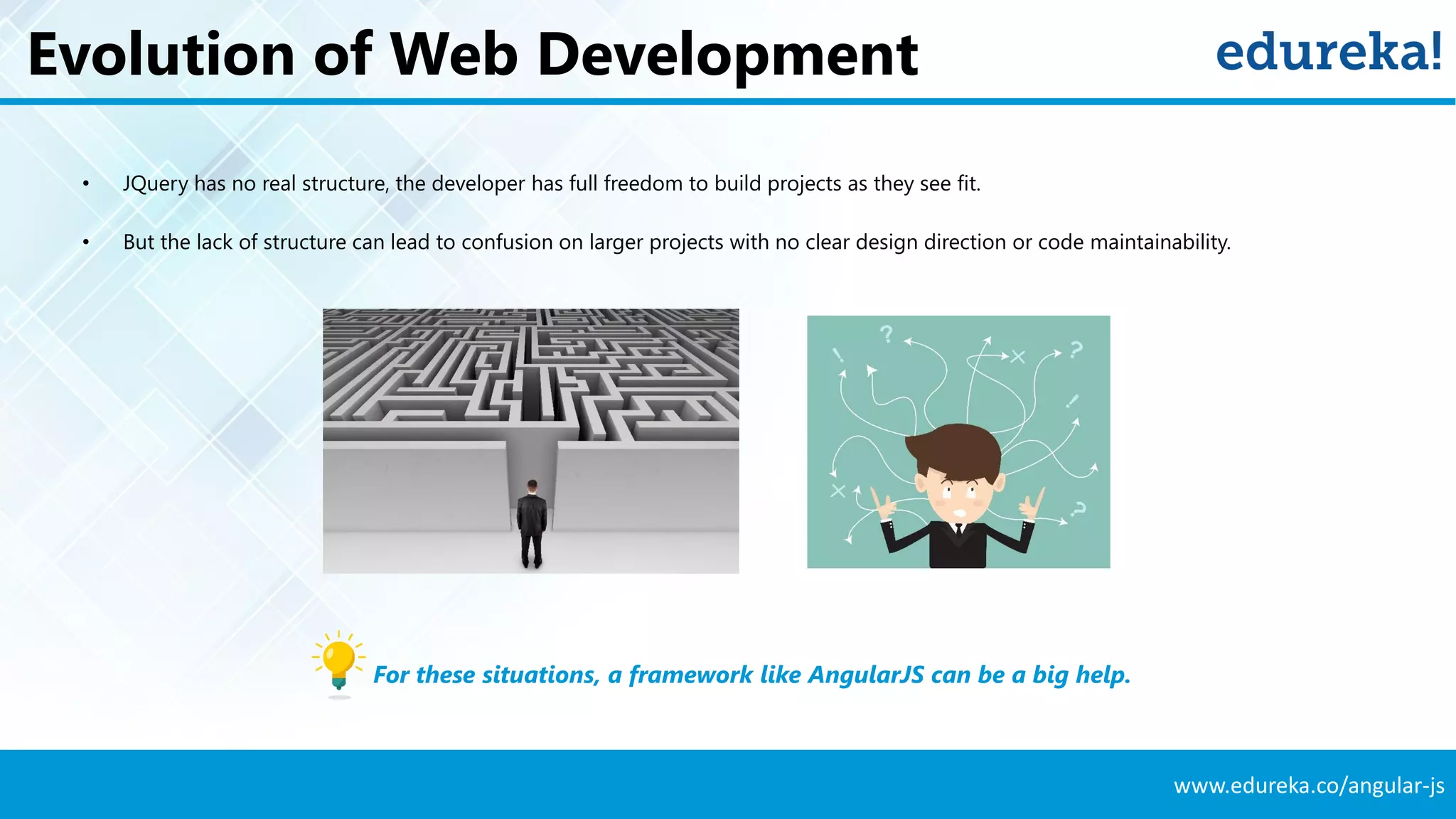 www.edureka.co/angular-js
Evolution of Web Development
• JQuery has no real structure, the developer has full freedom to build projects as they see fit.
• But the lack of structure can lead to confusion on larger projects with no clear design direction or code maintainability.
For these situations, a framework like AngularJS can be a big help.
 